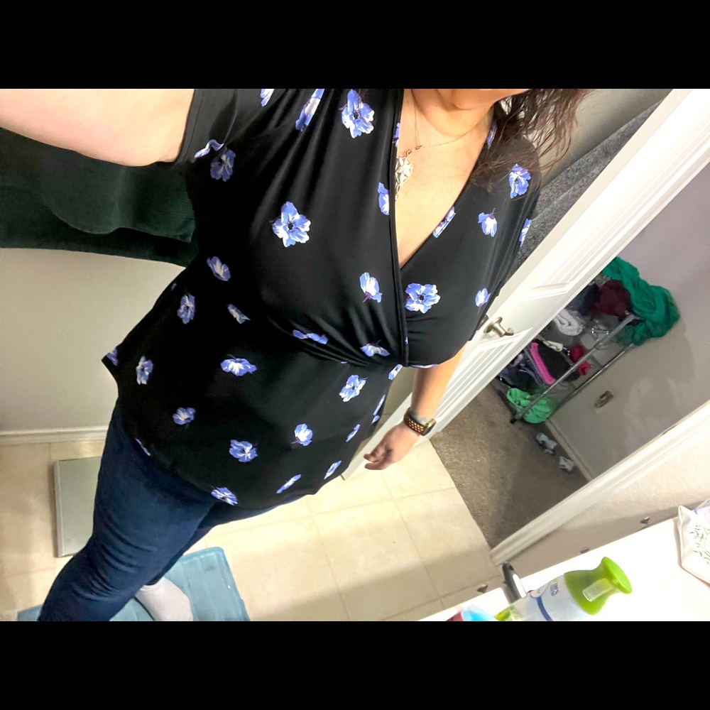 41 Hawthorn - Claire Stretch Flutter Sleeve Faux Wrap Top - 2XL - Blue / Black